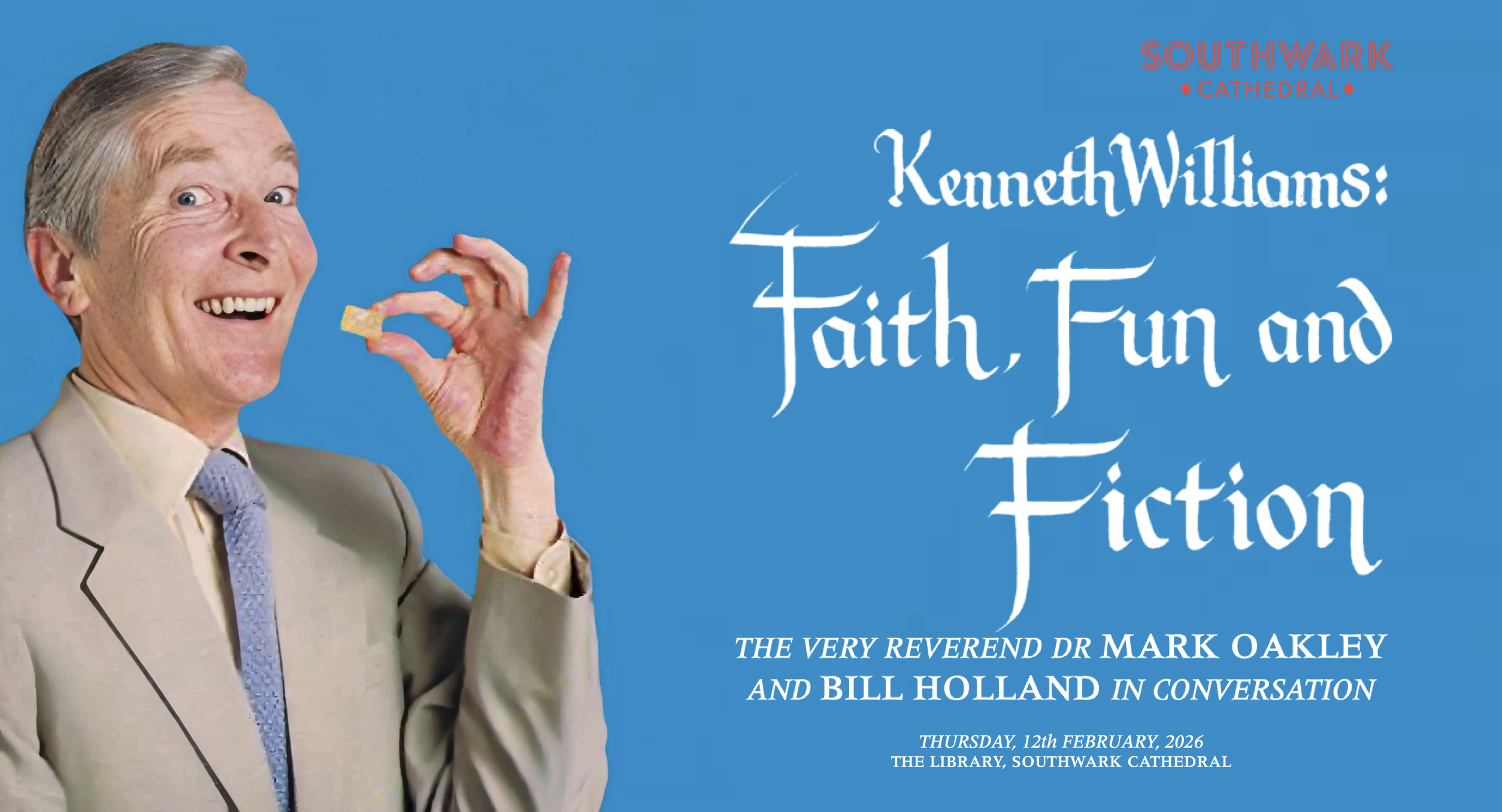 Kenneth Williams in front of a blue background