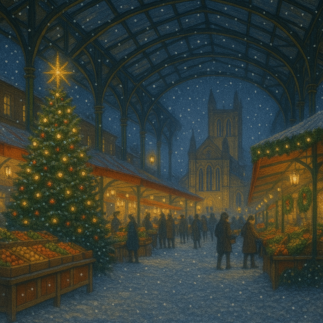 A festive outdoor Christmas market at night, with a lit tree, market stalls, people shopping, and a church in the background under falling snow.